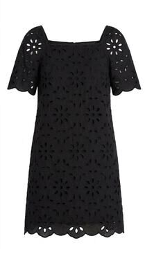 ANN TAYLOR Black Eyelet Lace Dress Size 6 Cotton LBD Square Neck Puff Sleeve Min